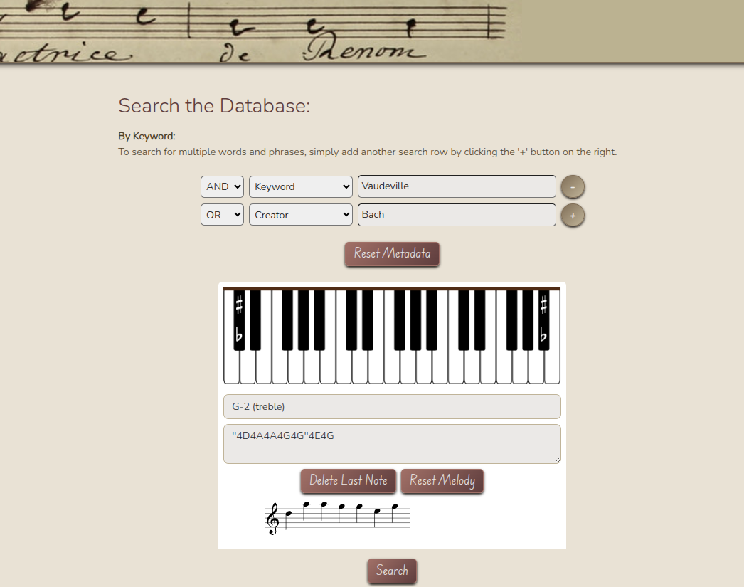 The Melody Search Index search page: keyword and creator filters, a piano keyboard for entering a melody, and the melody on a staff